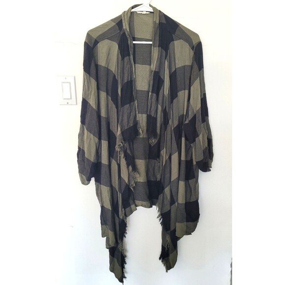 Maurices Sz 3 Green Black Plaid Fringe Cardigan Open Front Cape Shawl Slouchy - Picture 1 of 8
